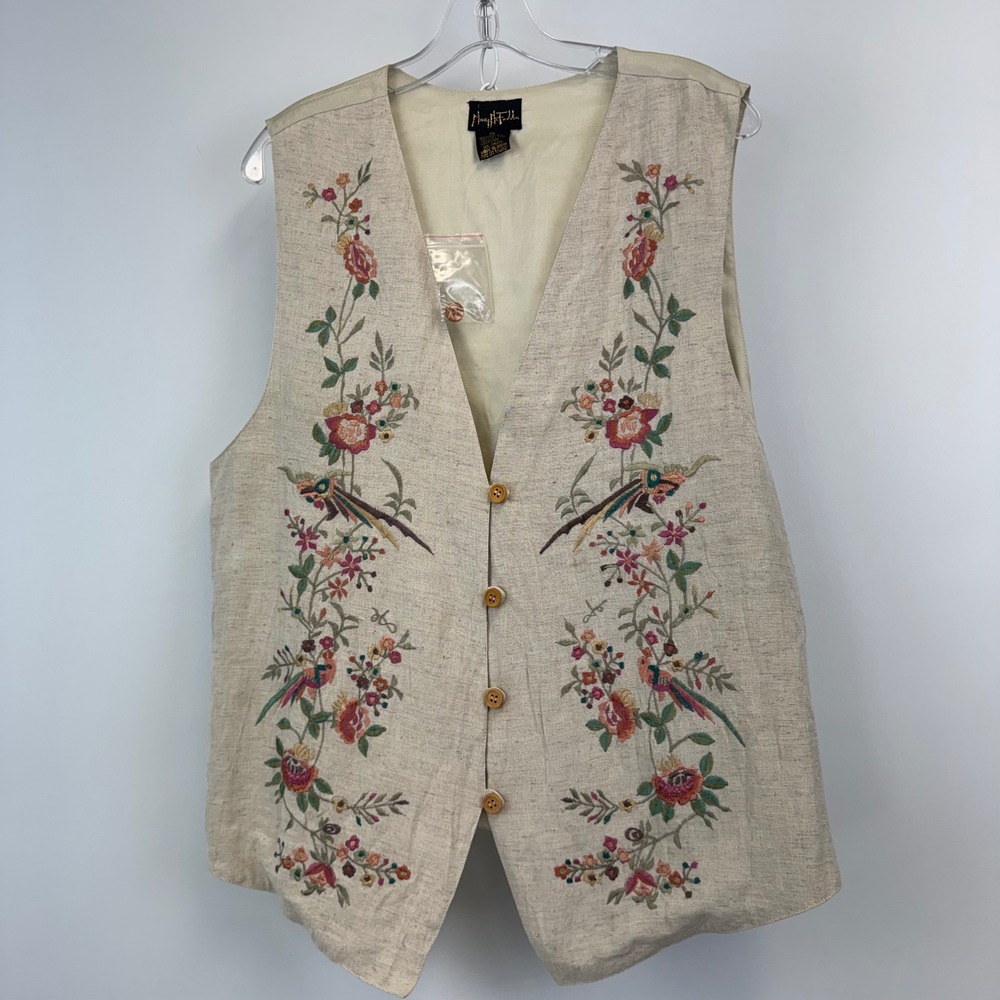 Mary McFadden Vest Women XL Linen Blend Embroidered Floral Bird Boho Cottagecore